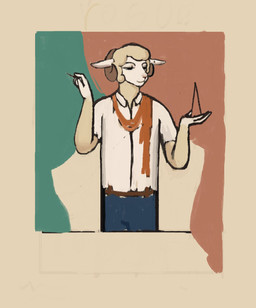 anthro belt bottomwear clothed clothed_anthro clothed_male clothing ears_down fur horn looking_down male pants pivoted_ears raised_arm scarf shirt solo topwear wool_(fur) reynard_goodfellow reynard_the_baa bovid caprine mammal sheep hi_res