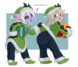 big_ears blonde_hair bow_accessory clean_diaper clothed clothing clothing_lift diaper diaper_under_clothing duo elf_costume exclamation_point gift hair holding_gift holding_object looking_back purple_body simple_background wearing_diaper white_hair merunyaa guild_wars league_of_legends riot_games tencent magister_jezza asura yordle 2016