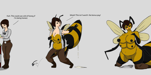 4_breasts abdomen_growth antennae_(anatomy) arm_growth arthropod_abdomen belt black_text blush bodily_fluids bottomwear breast_growth breasts broodmother brown_belt brown_bottomwear brown_clothing brown_hair brown_pants camera clothing dialogue egg erect_nipples female genital_fluids grey_background growth hair human_to_humanoid leaking_precum limb_growth multi_breast mutation navel nipples oviposition pants precum simple_background solo species_transformation text three_frame_image three_frame_sequence torn_clothing transformation transformation_sequence wings yellow_wings tyrolea sandra_(tyrolea) animal_humanoid arthropod arthropod_humanoid bee_humanoid human humanoid hymenopteran hymenopteran_humanoid insect insect_humanoid mammal queen_bee absurd_res artist_name digital_drawing_(artwork) digital_media_(artwork) english_description english_text hi_res sequence