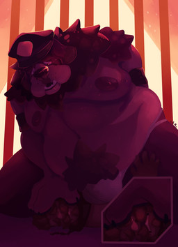 anthro anthro_dominating_human belly big_belly big_pubes bulge duo front_view huge_belly human_on_anthro interspecies male male_anthro male_dominating_male male_human moobs navel obese obese_anthro obese_male overweight overweight_anthro overweight_male police police_hat pubes chocolateandmilk canid canine canis domestic_dog human mammal hi_res restricted_palette