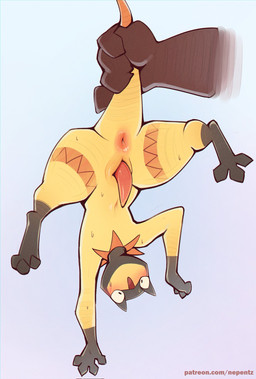 animal_genitalia anthro anus biped black_body blush bodily_fluids duo erection feral genital_slit genitals male multicolored_body open_mouth penis quadruped simple_background sweat tail tail_grab text tongue upside_down yellow_body yellow_tail nepentz nintendo pokemon generation_6_pokemon heliolisk pokemon_(species) hi_res url