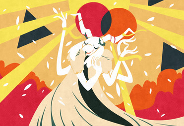 4_arms abstract_art clothed clothing crown dress eyes_closed female headgear horn light light_beam multi_arm multi_limb petals ribbons solo sun shane_frost bovid caprine goat mammal hi_res