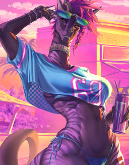 abs anthro big_breasts biped breasts claws clothed clothed_anthro clothed_female clothing female fingers front_view hair muscular muscular_anthro muscular_female navel non-mammal_breasts non-mammal_navel smile solo standing stripes tail teeth thick_thighs wide_hips momobeda gta_vi_cover_girl mythology dragon mythological_creature mythological_scalie scalie 2026 digital_drawing_(artwork) digital_media_(artwork)