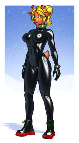 anthro antlers black_bodysuit black_clothing black_latex black_skinsuit blonde_hair bodysuit boots bracelet brown_body brown_fur clothed clothed_anthro clothed_female clothing collar female footwear fur green_eyes hair holidays horn jewelry latex latex_bodysuit latex_clothing latex_skinsuit looking_at_viewer shoes skinsuit solo spiked_bracelet spiked_collar spikes tail tight_clothing zipper buffbumblebee christmas deltarune undertale_(series) noelle_holiday deer mammal 2025 hi_res