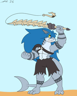 anthro arm_tattoo blue_hair fish_hook fishing_rod grey_body hair hook leg_tattoo male muscular muscular_anthro muscular_male tattoo yellow_eyes dirtymac mac-daddy aquatic fish shark 4:5 absurd_res hi_res