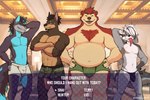 anthro arms_at_sides belly big_belly black_body black_fur black_hair blue_body blue_eyes blue_fur boxer_briefs boxers_(clothing) bulge bulge_size_difference clothed clothing crossed_arms dating_sim ear_piercing ear_ring eyes_closed facial_hair fur grey_body grey_fur group hair looking_at_viewer male musclegut muscular muscular_male navel open_mouth piercing red_body red_fur ring_piercing scar shirtless smile standing tan_body tan_fur text topless underwear white_body white_fur ventesthefloof hunter_(shai_dreamcast) shai_dreamcast terry_(shai_dreamcast) victor_(shai_dreamcast) badger bear canid canine canis dobermann domestic_dog fox mammal mustelid musteline pinscher 2022 absurd_res digital_media_(artwork) english_text hi_res