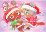 anthro back_bow bed blonde_hair blue_eyes blush christmas_clothing christmas_headwear clothing duo furniture gift_wrapped hair hat headgear headwear heart_eyes heart_symbol holidays male male/male ribbons santa_hat pigmyhippotam animal_crossing christmas nintendo c.j._(animal_crossing) o'hare_(animal_crossing) beaver lagomorph leporid mammal rabbit rodent