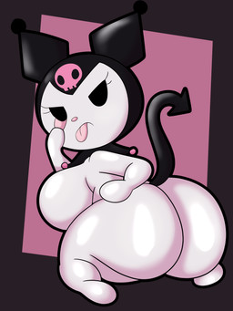 annoyed anthro beady_eyes big_breasts big_butt black_clothing black_eyes black_hat black_headwear black_tail breasts butt clothing eyelashes eyelid_pull eyelid_pull_taunt featureless_feet featureless_hands feet female fur gesture hat headgear headwear huge_breasts huge_butt kneeling looking_at_viewer looking_back looking_back_at_viewer pink_background rear_view simple_background solo spade_tail tail taunting teasing thick_thighs tongue tongue_out white_body white_fur wide_hips someth1ngoranother onegai_my_melody sanrio kuromi demon imp lagomorph leporid mammal rabbit hi_res