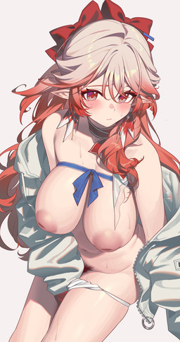 blush breasts choker clothing female high-angle_view humanoid_pointy_ears jacket jewelry looking_at_viewer navel necklace nipples not_furry pointy_ears pose pubes red_eyes simple_background solo topwear underwear white_background white_clothing white_jacket white_topwear airseal arknights hypergryph studio_montagne haruka_(arknights) cyprinid cypriniform fish goldfish goldfish_humanoid humanoid marine absurd_res colored digital_drawing_(artwork) digital_media_(artwork) hi_res shaded