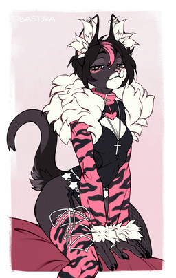 anthro biped breasts claws clothed clothed_anthro clothed_female clothing collar female fingers front_view fur hair looking_at_viewer simple_background sitting smile solo tail bastika felid feline mammal 2026 absurd_res digital_drawing_(artwork) digital_media_(artwork) hi_res