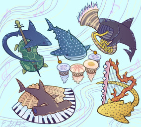 ambiguous_gender blue_body brass_instrument dorsal_fin drum drumstick_(musical) feral fin green_shell grey_body group harp keyboard_instrument musical_instrument musical_note musical_symbol percussion_instrument piano plucked_string_instrument shark_tail shell string_instrument symbol tuba wind_instrument yellow_body nasumisodsuke aquatic basking_shark carpet_shark fish ground_shark hammerhead_shark mackerel_shark reptile scalie sea_turtle shark thresher_shark turtle whale_shark zebra_shark 2026 hi_res
