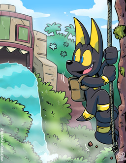 4_fingers anthro backpack black_body black_ears black_nose black_tail blue_eyes fingers male pink_tongue tail teeth tongue water yellow_inner_ear yellow_sclera jurassiczalar anubian_jackal canid canine canis jackal mammal 2025 absurd_res hi_res