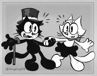 anthro black_body black_fur duo female fur hand_holding male male/female open_mouth open_smile pac-man_eyes smile text tongue white_body white_fur toonycryptid felix_the_cat_(series) felix_the_cat kitty_kat domestic_cat felid feline felis mammal 2025 artist_name digital_drawing_(artwork) digital_media_(artwork) signature