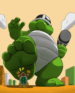 4_toes anthro barefoot feet foot_focus green_body horn humanoid_feet incoming macro male micro paws plantigrade soles stomping toes yellow_body dj-rodney mario_bros mythology nintendo bowser bro_(koopa) dragon dragon_koopa hammer_bro koopa mythological_creature mythological_scalie scalie sledge_bro hi_res