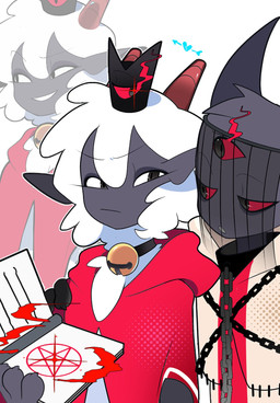 2_horns 3_eyes ambiguous_anthro ambiguous_gender anthro bell bell_collar book chain collar duo fur holding_book holding_object horn multi_eye white_body white_fur white_wool wool_(fur) kittem4 cult_of_the_lamb massive_monster_(studio) lamb_(cult_of_the_lamb) narinder red_crown_(cult_of_the_lamb) bovid caprine domestic_cat felid feline felis mammal sheep 2024 digital_drawing_(artwork) digital_media_(artwork) hi_res