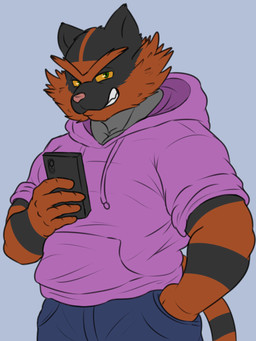 anthro blue_bottomwear blue_clothing bottomwear clothing electronics grin half-closed_eyes hand_in_pocket holding_object holding_phone hoodie looking_at_viewer male narrowed_eyes pants phone pink_clothing pink_topwear pockets selfie simple_background smile solo standing topwear camp14 nintendo pokemon generation_7_pokemon incineroar pokemon_(species) 3:4 hi_res