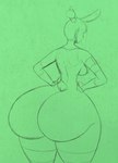 anthro big_breasts big_butt bodysuit breasts bubble_butt butt butt_pose clothing female folds hair huge_butt hyper hyper_butt ink ponytail pose rear_view short_hair simple_background skinsuit small_waist solo teasing thick_thighs tight_clothing wide_hips kangy-roo siji_hawkeye lagomorph leporid mammal rabbit line_art monochrome sketch