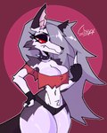 anthro big_breasts breasts cleavage clothed clothing collar female gesture grey_hair hair hand_gesture middle_finger pupils red_sclera slit_pupils solo spiked_collar spikes thick_thighs chuyy helluva_boss mythology loona_(helluva_boss) canid canid_demon canine demon hellhound mammal mythological_canine mythological_creature 4:5 hi_res