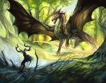 ambiguous_gender detailed_background duo fangs feral flying forest horn membrane_(anatomy) membranous_wings nature open_mouth outside plant tail teeth tree wings alectorfencer mythology deer dragon mammal mythological_creature mythological_scalie scalie 2013 detailed