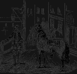 building clothed clothing duo fence feral fully_clothed hat headgear headwear horse_blanket jacket male melee_weapon outside phrygian_cap polearm reins simple_background standing street street_lamp topwear transparent_background weapon louis_le_breton dictionnaire_infernal equid equine horse human hybrid mammal 1863 19th_century alpha_channel ancient_art black_and_white hi_res monochrome