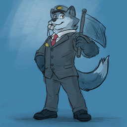 accessory anthro black_clothing black_footwear black_shoes blue_background blue_body blue_clothing blue_fur blue_hat blue_headwear bottomwear clothed clothing dipstick_tail flag flag_(object) footwear front_view fur glistening glistening_eyes grey_bottomwear grey_clothing grey_jacket grey_pants grey_topwear hand_on_hip hat headgear headwear holding_flag holding_object jacket male male_anthro markings mouth_closed necktie pants red_necktie shoes simple_background solo standing tail tail_markings topwear whistle_(object) white_body white_clothing white_fur white_topwear hufnaar canid canine canis mammal wolf full-length_portrait portrait