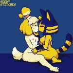 anthro bed blonde_hair blue_body blue_fur breasts duo eyes_closed female female/female fur furniture hair holding_chin kissing medium_breasts nipple_piercing nipples on_bed piercing raised_tail small_breasts tail seedy_stitches_(artist) animal_crossing nintendo ankha_(animal_crossing) isabelle_(animal_crossing) canid canine canis domestic_cat domestic_dog felid feline felis mammal 1:1 digital_media_(artwork) pixel_(artwork) restricted_palette shaded signature simple_shading