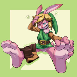 3_toes anthro blonde_hair boots clothing countershade_feet countershading feet foot_focus footwear fur hair male paws pink_body pink_fur shoes soles solo toes mrpunkmorph nintendo the_legend_of_zelda link_(rabbit_form) lagomorph leporid mammal rabbit 1:1 hi_res