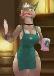 5_fingers anthro apron apron_only barrel big_breasts blush bodily_fluids breasts candle choker claws cleavage clothed clothing container cup female female_anthro finger_claws fingers flying_sweatdrops green_apron green_body green_clothing green_scales holding_container holding_cup holding_object holding_quill horn inside jewelry kemono looking_at_viewer loose_feather maid_headdress mostly_nude multicolored_body multicolored_scales necklace non-mammal_breasts open_mouth pupils question_mark quill scales sharp_teeth slit_pupils solo sweat sweatdrop teeth text white_body white_scales yellow_eyes sat_v12 i_mean_breast_milk microsoft starbucks the_elder_scrolls the_lusty_argonian_maid lifts-her-tail argonian reptile scalie 2021 digital_media_(artwork) english_text hi_res meme portrait three-quarter_portrait translated_description