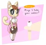 anthro big_breasts breasts brown_hair clothed clothing dress female fur hair looking_at_viewer open_mouth simple_background smile solo standing text waiter waitress_uniform white_background white_body white_fur bit-small animal_crossing nintendo merry_(animal_crossing) domestic_cat felid feline felis mammal 2019 digital_media_(artwork) hi_res shaded