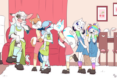 2_horns 2_tails age_difference anthro apron arm_support biped black_clothing black_footwear black_markings black_shoes black_spots blindfold blush blush_lines brown_body clothed clothing countershade_face countershade_tail countershade_torso countershading covering covering_mouth covering_own_mouth covering_self crossdressing curled_tail dipstick_ears dress ear_markings eyebrows eyes_closed femboy floppy_ears fluffy fluffy_tail footwear furniture gesture group hair half-closed_eyes hand_on_shoulder hands_behind_back head_tuft horn inside kissing larger_male leaning_on_elbow leg_over_thigh looking_at_another looking_at_viewer male male/male markings multi_tail multicolored_ears multicolored_hair narrowed_eyes necktie older_male on_one_leg on_sofa one_eye_closed pink_nose rainbow_hair raised_foot sitting sitting_on_sofa size_difference smaller_male socks sofa spots spotted_body standing star_(marking) tail tail_between_legs tail_gesture tail_heart tail_tuft tuft white_body white_clothing white_countershading white_footwear white_hair white_socks young young_anthro young_male younger_male fuf etis ambiguous_species bovid bovine canid canine canis caprine cattle domestic_dog fox goat husky mammal nordic_sled_dog spitz 2019 hi_res