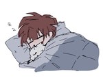 anthro bedding blanket brown_hair duo eyes_closed hair horn male pillow simple_background size_difference sleeping under_covers white_background white_body randomlyrab bandai_namco digimon digimon_ghost_game gammamon_(ghost_game) hiro_amanokawa digimon_(species) gammamon human mammal hi_res