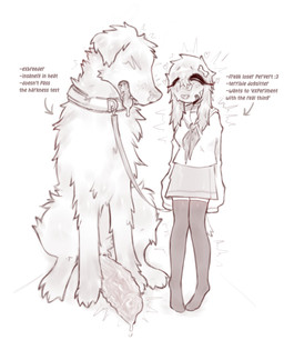ambiguous_gender anthro big_penis biped bodily_fluids bottomwear breasts clothed clothing duo erection eyelashes feral fur genitals gynomorph hair in_heat intersex leash male open_mouth open_smile penis quadruped saliva school_uniform simple_background skirt smile standing tail teeth text tongue tongue_out topwear uniform white_background sagaris_uwu the_harkness_test_(meme) pepper_(sagaris_uwu) canid canine canis domestic_dog mammal absurd_res english_text hi_res meme trans_(lore) trans_woman_(lore)