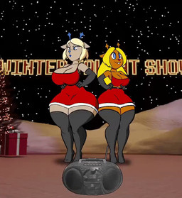 angry anthro antlers black_clothing black_legwear black_thigh_highs blonde_hair blue_antlers blue_body blue_eyes blue_fur breasts christmas_clothing clothing dancing duo evil_smirk eyewear female female/female fur glasses hair holidays horn kick legwear male navel open_mouth panties shirt smug thigh_highs topwear underwear white_clothing white_shirt white_topwear tansau christmas deltarune undertale_(series) berdly carol_holiday noelle_holiday avian deer mammal animated