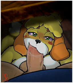 anthro balls bodily_fluids border breasts butt duo erection faceless_character faceless_male fellatio female female_focus first_person_view fur genital_fluids genitals hair looking_at_viewer male male/female male_penetrating male_pov nude oral oral_penetration penetration penile penis sex solo_focus tail under_table white_border yellow_body yellow_fur loodboyo animal_crossing nintendo isabelle_(animal_crossing) canid canine canis domestic_dog mammal shih_tzu toy_dog digital_media_(artwork) hi_res