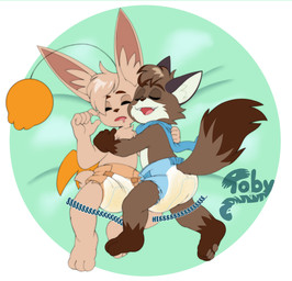 3_toes 5_fingers ambiguous_gender anthro back_wings blue_scarf bodily_fluids border brown_body brown_fur brown_inner_ear brown_inner_ear_fluff brown_pawpads brown_tail brown_tail_tip clothed clothing diaper diaper_only dipstick_tail drooling duo eyes_closed feet fingers fur genital_fluids gloves_(marking) inner_ear_fluff leg_markings logo lying markings nocturnal_enuresis on_back on_side open_mouth open_smile orange_wings pawpads saliva scarf simple_background sleeping sleeping_together smile socks_(marking) sound_effects tail tail_markings teeth toes topless tuft unclean_diaper urine used_diaper using_diaper vowelless vowelless_sound_effect wearing_diaper wet_diaper wetting wetting_diaper white_border white_inner_ear white_inner_ear_fluff wings toby_tiger final_fantasy square_enix orange_pompom_(character) rikima_(rikimafoxcat) domestic_cat felid feline felis mammal moogle absurd_res artist_logo hi_res