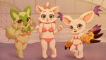 anthro bikini blush clothing female group smile standing swimwear trio two-piece_swimsuit foogyakumo bandai_namco digimon disney nintendo pokemon the_aristocats marie_(aristocats) digimon_(species) felid feline gatomon generation_9_pokemon mammal pokemon_(species) sprigatito hi_res