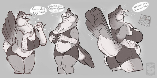 anthro beak biped breasts butt claws clothed clothed_anthro clothed_female clothing female fingers front_view looking_at_viewer rear_view smile solo standing tail text tongue bombird avian bird chicken galliform phasianid 2026 digital_drawing_(artwork) digital_media_(artwork) english_text hi_res