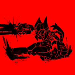 1_eye anthro armor black_silhouette carrying_another cat_nose cat_tail duo eyewear female futuristic_armor goggles headgear helmet machine male on_shoulder pointy_ears power_armor red_background shooting shooting_gun shoulder_length_hair silhouette silhouetted_body simple_background tail tube whiskers wrist_gun howyabenn gameoverse glitch_productions new_blood_interactive ultrakill kaboodle_(gameoverse) kit_bodega domestic_cat felid feline felis mammal robot 1:1 2026 black_and_red digital_drawing_(artwork) digital_media_(artwork) hi_res monochrome watermark