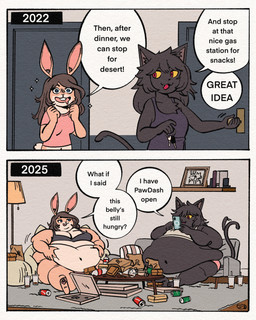 5_fingers after_eating anthro apartment belly beverage_can big_belly black_body black_fur black_hair blue_eyes bodily_fluids box bra breasts brown_hair buckteeth chubby_cheeks cleavage clothed clothing container dialogue double_chin drooling duo electronics fat_arms fat_legs fat_rolls female fingers fur hair holding_object holding_phone love_handles morbidly_obese morbidly_obese_anthro morbidly_obese_female motion_lines mutual_weight_gain navel obese obese_anthro obese_female open_mouth open_smile overweight overweight_anthro overweight_female panties pawpads phone pizza_box red_eyes saliva sitting smile sparkles tan_body tan_fur teeth text time_skip underwear weight_gain yellow_sclera carcupholder domestic_cat felid feline felis lagomorph leporid mammal rabbit 2025 comic english_text hi_res