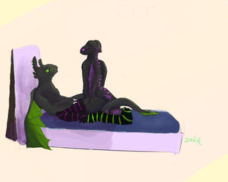 anthro bed duo furniture lying lying_on_bed male on_bed on_lap pinned sitting sitting_on_another sitting_on_lap toothy_(fury) wax_(fury) zubastik dreamworks european_mythology how_to_train_your_dragon mythology dragon fury_(httyd) mythological_creature mythological_scalie night_fury scalie western_dragon