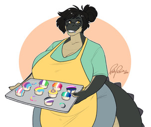 anthro apron asexual_pride_colors baking_tray big_breasts bisexual_pride_colors black_body black_hair bottomwear breasts clothed clothed_anthro clothed_female clothing cupcake eyewear female food genderfluid_pride_colors genderqueer_pride_colors glasses green_clothing green_shirt green_topwear grey_bottomwear grey_clothing hair hair_bun holding_object holding_tray humanoid_hands icing intersex_pride_colors lesbian_pride_colors lgbt_pride looking_at_viewer overweight overweight_anthro pansexual_pride_colors pride_colors round_glasses shirt smile smiling_at_viewer solo standing tail tan_body topwear transgender_pride_colors vincian_pride_colors wearing_glasses yellow_apron yellow_clothing yellow_eyes redpixie lgbt_pride_month 2026 absurd_res digital_drawing_(artwork) digital_media_(artwork) english_description hi_res
