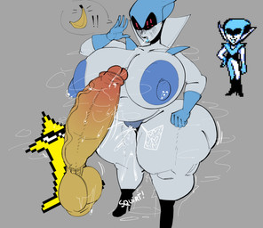 big_breasts big_penis breasts curvy_figure female genitals grey_background grey_body grey_skin huge_breasts huge_penis hyper hyper_genitalia hyper_penis looking_at_genitalia looking_at_penis male penis penis_awe simple_background voluptuous voluptuous_female kopokofiart deltarune undertale_(series) queen_(deltarune) the_original_starwalker 2025 absurd_res hi_res