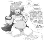 bed belly big_belly breasts dessert female food furniture group hair ice_cream long_hair not_furry pregnant pregnant_female simple_background sitting text white_background lewdlemage shantae_(series) wayforward risky_boots rottytops shantae sky_(shantae) genie 2023 english_text hi_res monochrome
