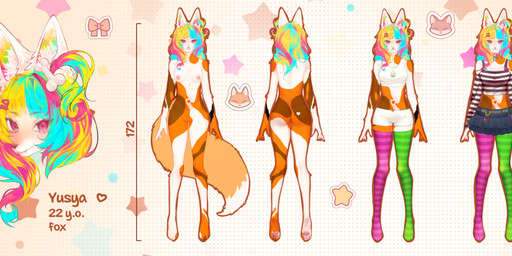 accessory anthro big_tail bottomwear clothing female genitals hair hair_accessory legwear multicolored_body nude purple_eyes skirt solo stockings tail underwear vulva rumeru yusya_(loonvah) canid canine fox mammal absurd_res hi_res model_sheet