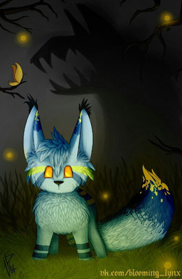 ambiguous_gender black_nose blue_body blue_fur detailed_background ear_tuft feral fur grass head_tuft looking_at_viewer night orange_eyes outside plant solo standing tail tuft bloominglynx ambient_arthropod ambient_butterfly ambient_firefly ambient_insect felid mammal 2018 digital_drawing_(artwork) digital_media_(artwork) shaded