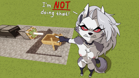 angry anthro areola clothed clothing collar dialogue female fingerless_gloves fist fur gesture gloves grey_body grey_fur grey_hair grey_tail hair hand_gesture handwear legwear looking_at_viewer multicolored_body multicolored_fur multicolored_tail nipples nude partially_clothed pink_areola pink_nipples pointing pointing_at_object red_eyes simple_background solo spiked_collar spikes standing stockings tail talking_to_viewer text white_body white_fur white_tail wettowel hellaverse helluva_boss microsoft minecraft minecraft_sheep_fucker mojang mythology xbox_game_studios loona_(helluva_boss) canid canid_demon canine demon hellhound mammal mythological_canine mythological_creature hi_res