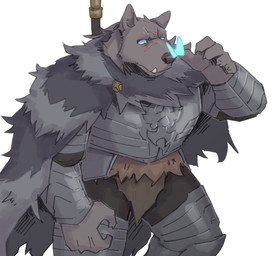 anthro armor cape clothing dark_body dark_fur fur male scar solo huger_smot elden_ring fromsoftware blaidd_(elden_ring) canid canine canis mammal wolf hi_res