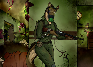 abandoned_building anthro apocalypse apocalyptic backpack clothing female fungus gas_mask gun heterochromia jumpsuit mask ranged_weapon scavenging shotgun solo weapon tren fallout microsoft agalia_(bushdog) elemental_creature fungi_fauna night_stalker_(fallout) hi_res