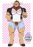 anthro apron big_pecs bottomwear bulge clothing erection horn male muscular muscular_male pecs shirt shorts solo standing t-shirt tight_clothing topwear torn_clothing tugging_clothing wardrobe_malfunction 1ceberg bovid bovine cattle mammal absurd_res hi_res