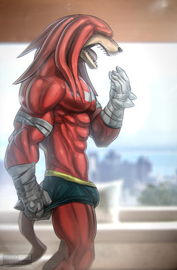 abs anthro bandage barely_visible_genitalia boxers_(clothing) bulge clothing cushion dreadlocks fangs furniture genitals gloves handwear living_room male morning muscular muscular_anthro muscular_male open_mouth pecs penis penis_base plant sea shrub sky sofa solo spikes tail teeth tree underwear v-cut water window yawn todex sega sonic_boom sonic_the_hedgehog_(series) knuckles_the_echidna echidna mammal monotreme 2017 absurd_res hi_res